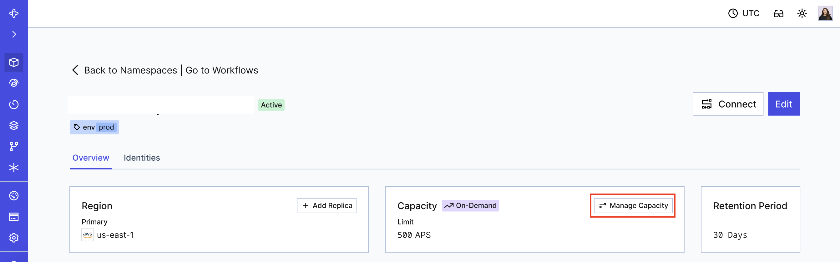 Manage Capacity button in the Temporal UI